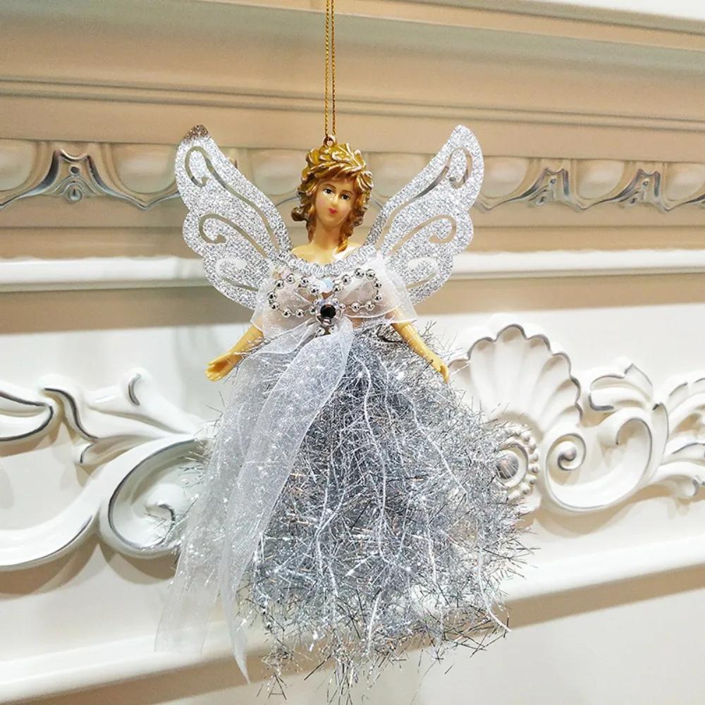 Glitter Christmas Angel Pendant with Shining Wings Plastic Christmas Tree Topper Ornament Gorgeous Dress Hanging Angel Navidad белый