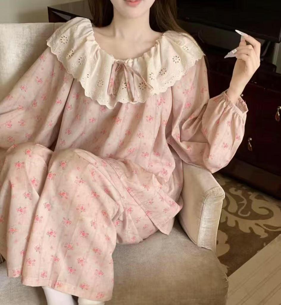 Damen Blumen-Spitzen-Pyjama-Set - Langarm, Süßer Koreanischer Stil, Vielseitig für drinnen und draußen