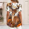 Women Plus Size Round Neck Short Sleeve T Shirt Opossum Witch Hat Pumpkin Floral Halloween Print Double Layer Front Top