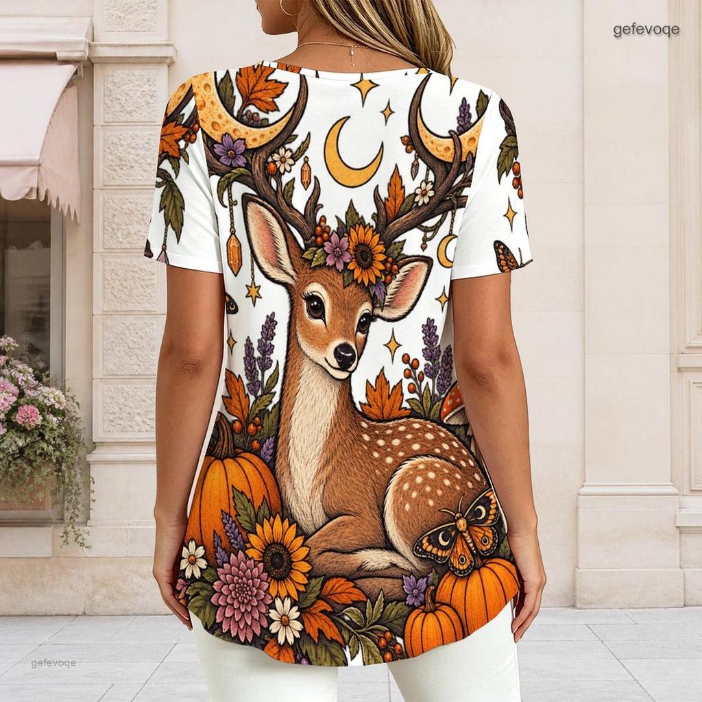 Women Plus Size Round Neck Short Sleeve T Shirt Opossum Witch Hat Pumpkin Floral Halloween Print Double Layer Front Top