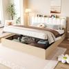 Wooden bed 180 × 200 cm, hydraulic frame, storage space, upholstered headrest, headboard, shelf, compartment, USB port, night light, wood colour