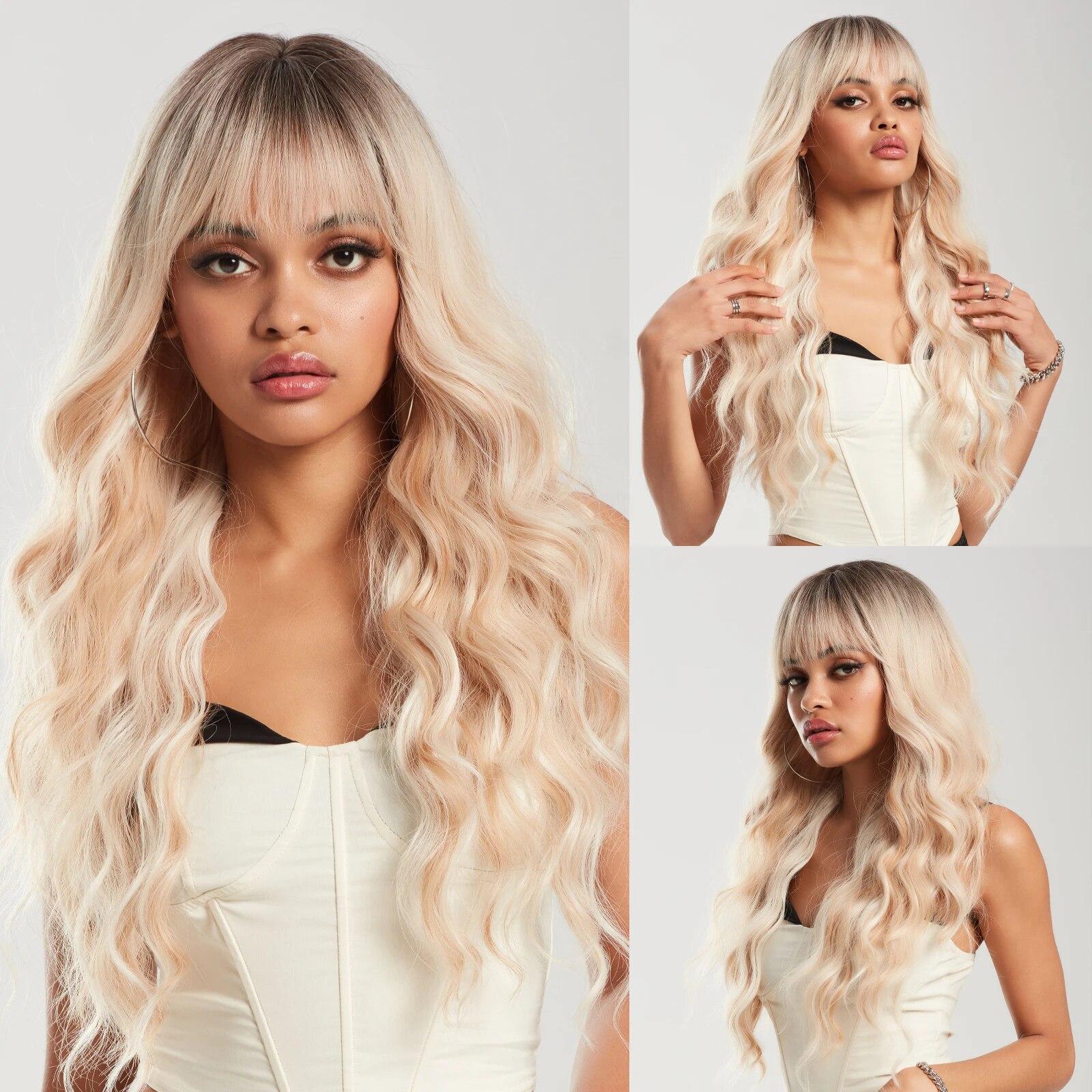 

LOUIS FERRE Коричневый блондин мелирование парики с челкой Длинные волнистые синтетические парики для женщин термостойкие натуральные волосы для ежедневного косплея