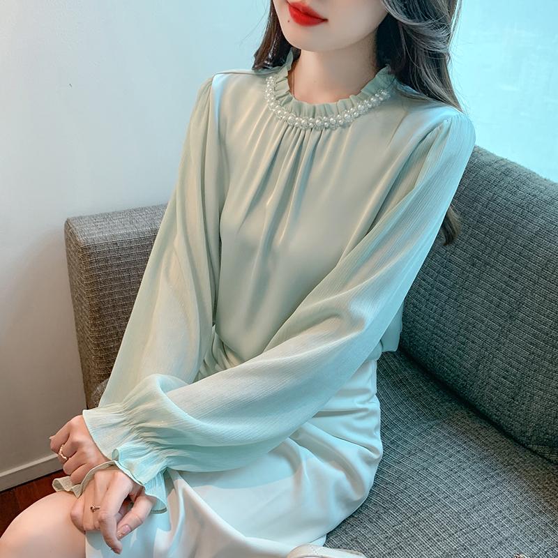 New 2025 Spring Blouses Shirts Long Sleeve Beading O-Neck Chiffon Blouse Shirt Women Tops J772