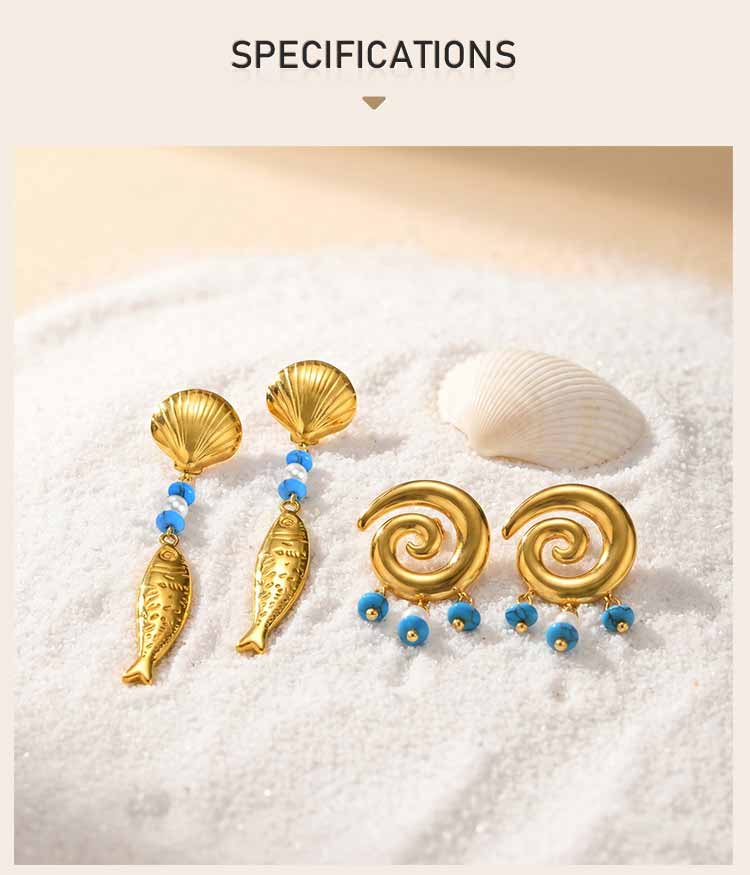 Stainless Steel Fish Drop Earrings for Women Gold Color Shell Turquoise Pearl Vintage Ocean Beach Jewelry Waterproof