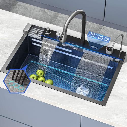 Black Nano Kitchen Sink, 304 Stainless Steel Waterfall Sink, Single Bowl Workstation Kitchen Sink with Multifunction Digital Display, Fly Rain, and Pu