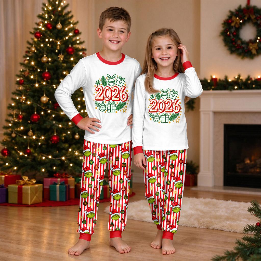 Matching Parent-Child Christmas Print Crewneck Top and Jogger Pants Set