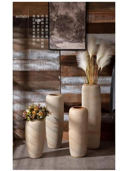 Handmade Retro Nostalgic Large Ceramic Floor Vase – Coarse Pottery Feng Shui Decor for Living Room or Hotel.