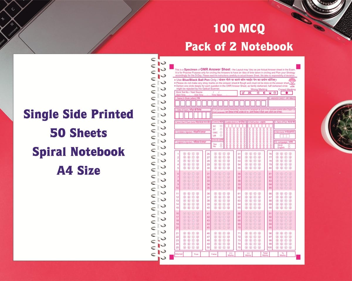 Amblitz Omr Sheet | 100 Mcq S | Spiral Notebook Of 50 Sheets | Pack Of 2 Notebook | A4 Size | Omr Sheet For Practice | 21*29.7 cm