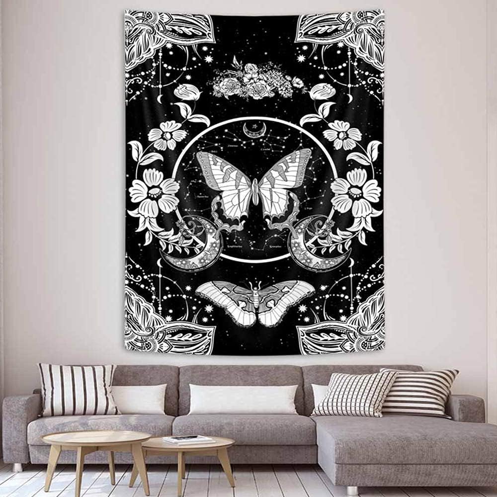 Flower and Butterfly Vertical Tapestry, Black and White Aesthetic Tarot Wall Tapestry, Moon and Stars Floral Tapestries Bedroom