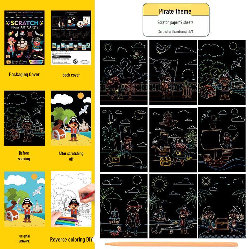 Conjunto Colorido de Arte Scratch: Livro de Rabiscos e Desenhos DIY de Desenho Animado para Crianças