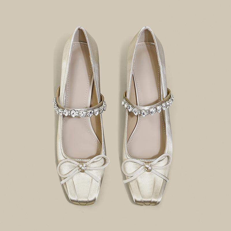 Soft Leather Version Chinese Bow Rhinestone Ballet Square Head Thick Heel Mary Jane High Heel Single Shoes Women's Cheongsam Skirt