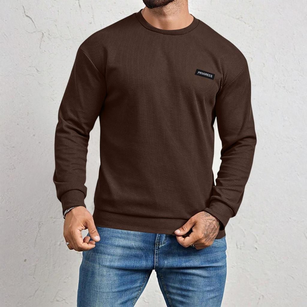 Men's Long-sleeved Plaid Shirt Men's Round Neck Solid Color Sweatshirt Top