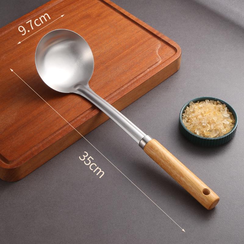 

Stainless Steel Kitchen Utensil Set: Spatula, Soup Ladle, Slotted Spoon with Raw Wood Round Handles - Anti-Scald and Perfect for Daily Cooking. Comfortable Grip