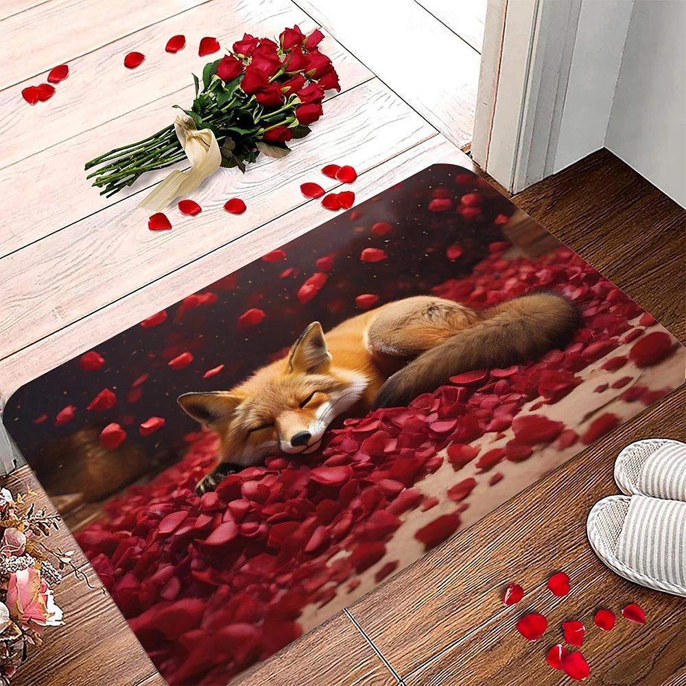 Valentine's Day Floor Mat Entrance Doormat Cute Flower Fox Area Rug Non-Slip Carpet for Bedroom Living Room Hallway Home Decor