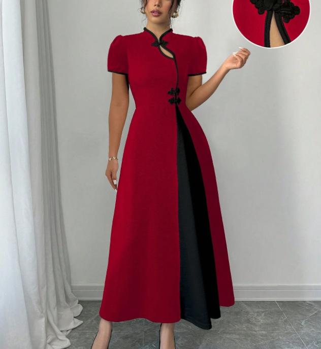 

Women Stand Collar Short Sleeve Midi Dress Contrast Color Chinese Style Dress XL brick червоний колір