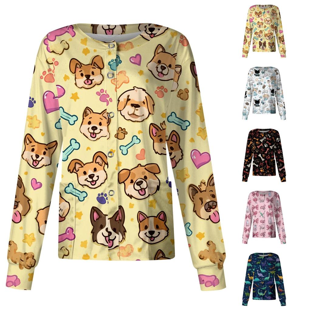 Women's Long Sleeve Top, Casual Uniform with Print, Single Pocket, Lightweight Work Shirt for