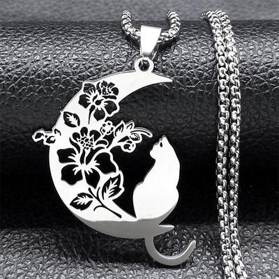 Aesthetic Cat Flower Moon Crescent Necklace for Women Men Stainless Steel Silver Color Bohemia Chain Gift Jewelry Collar 3220