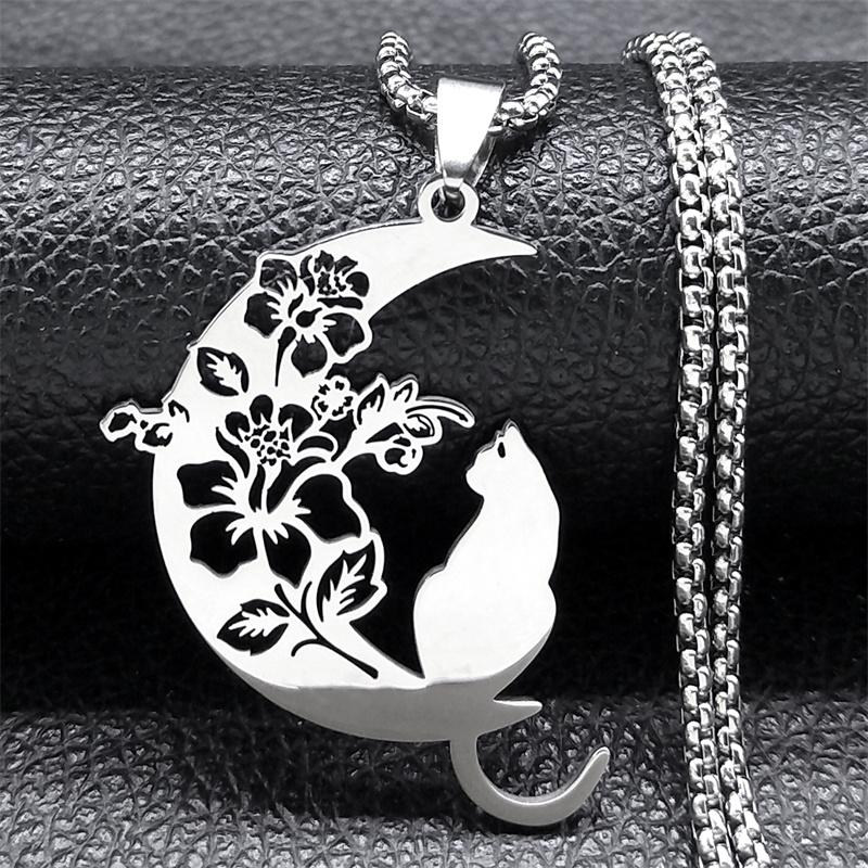 

Aesthetic Cat Flower Moon Crescent Necklace for Women Men Stainless Steel Silver Color Bohemia Chain Gift Jewelry collar 3220