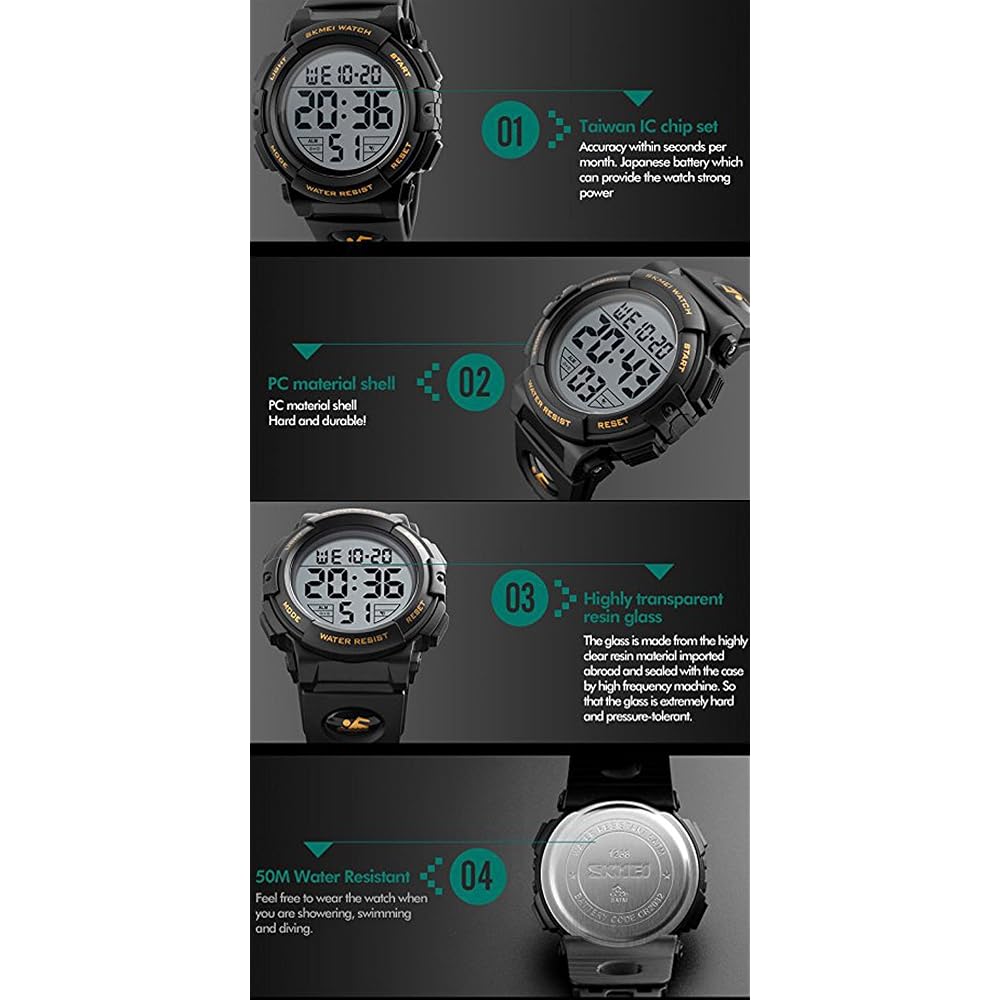 Timever Digital Sports Watch Men's Waterproof LED Alarm Multi-Function Large Display