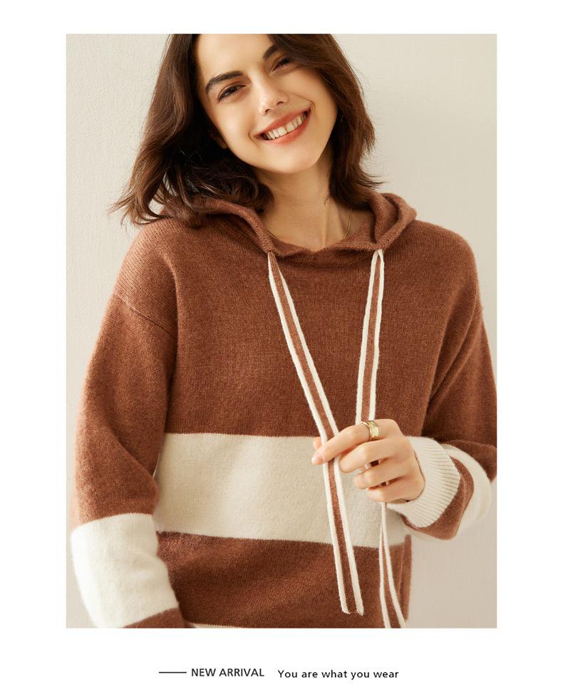 Women's Color Block Cashmere Hooded Pullover - Loose Casual Knitwear Top