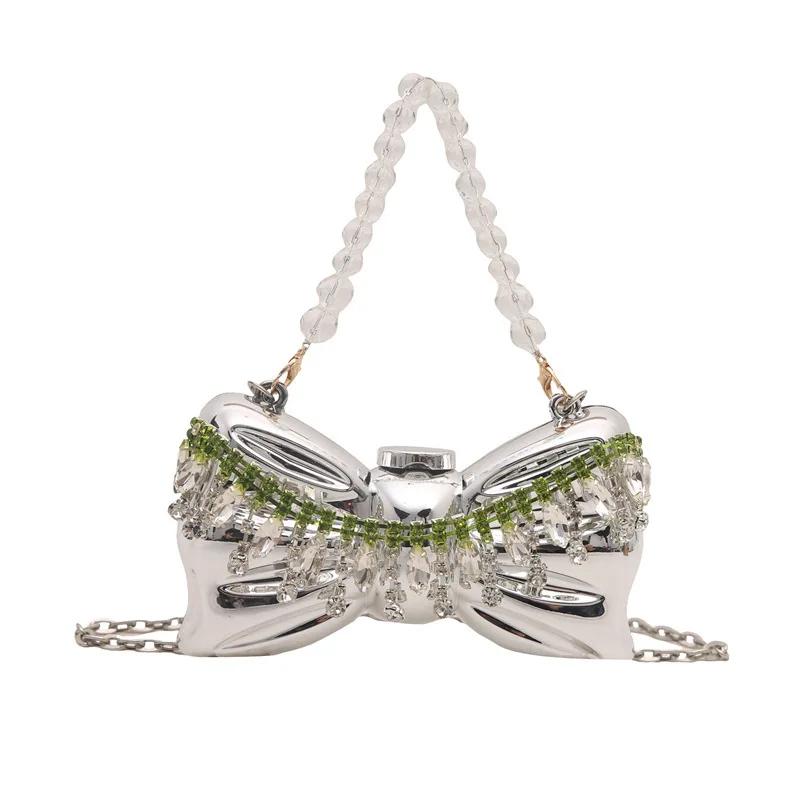 Metal Mini Bag Rhinestone Tassel Shoulder Bags Women's Chain Crossbody Chain Box Bags Gold Evening Bag
