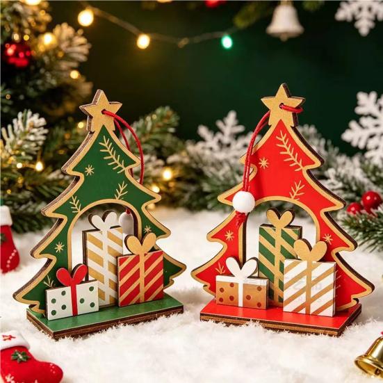 Wooden Christmas Tabletop Decorations Tree Decoration, Winter Xmas Gift Box Tiered Decorative Figurines for Home Tray Centerpiece, Rustic Table