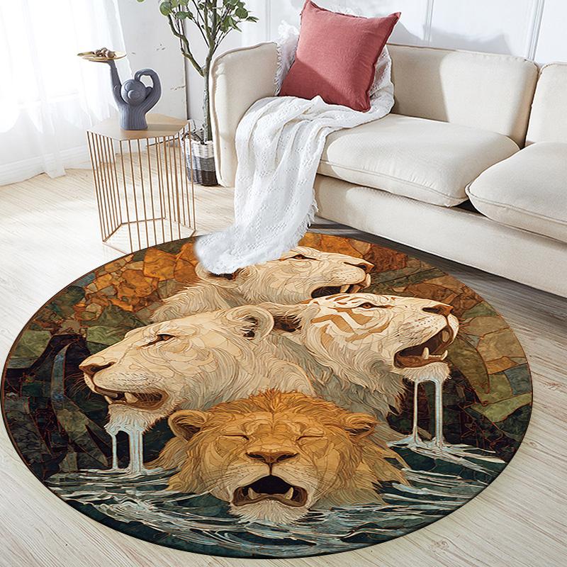 Lions Round Area Rug,Carpet Rug for Living Room Bedroom Sofa Playroom Decor,Non-slip Floor Mat