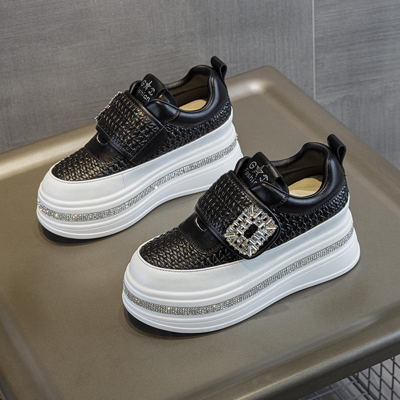 

Женские кроссовки со стразами на осень 2025 года - Небольшое увеличение высоты, Застежка на липучке, Повседневная трендовая толстая подошва, Белые 36