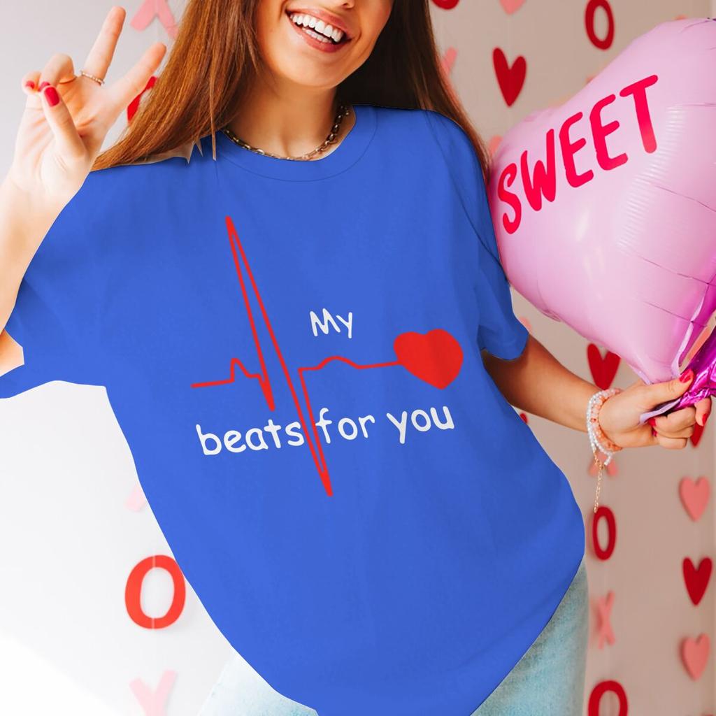 Couple Heart Beats for You Print T Shirt Causal Women Man Vintage Couples Matching Tshirt Short Sleeve Valentines Day Tees