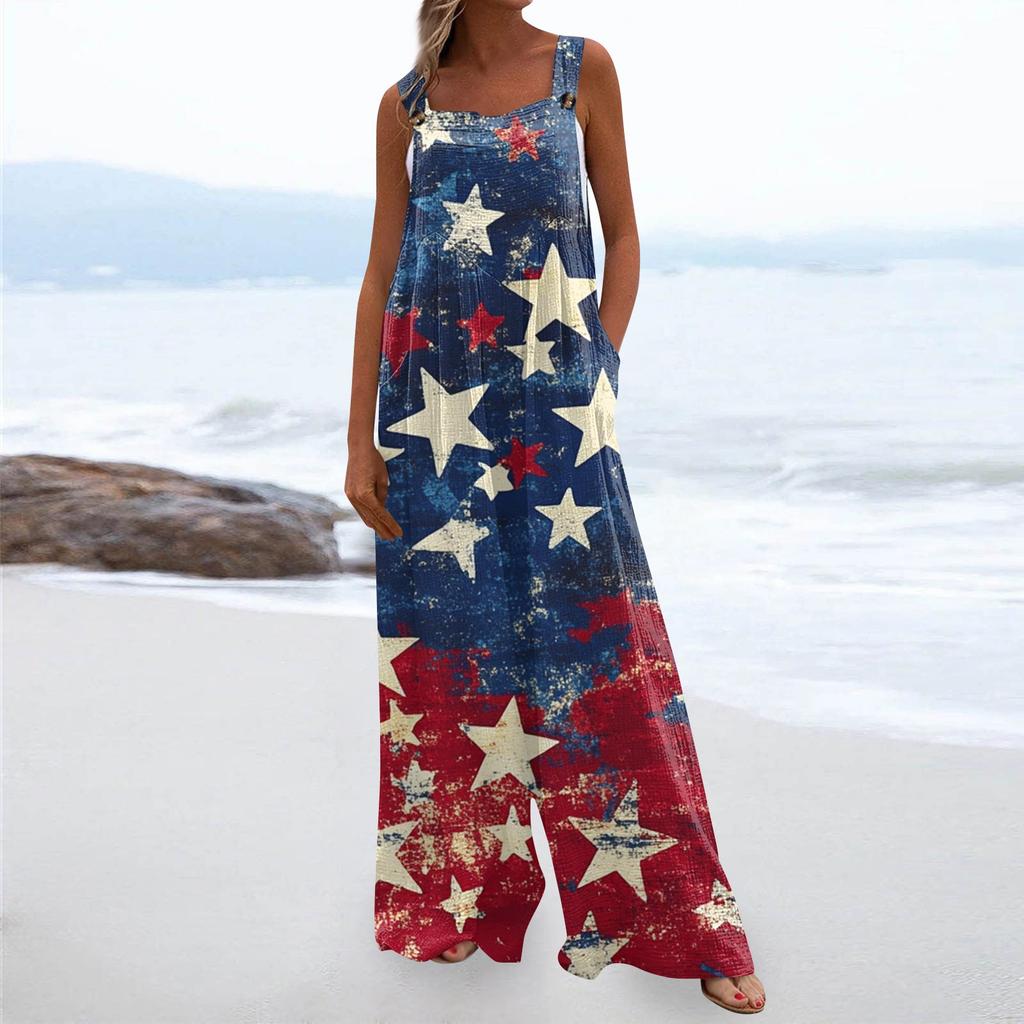 Damenmode Strampler Print Lässig Lose Vintage Overalls Mit Taschen