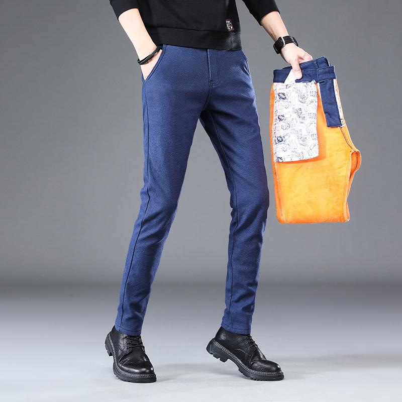 Autumn And Winter Men'S Regular/Plush Thick Cotton Linen Casual Dark Slim Fit Small Foot Elastic Brushed Versatile Long Pants