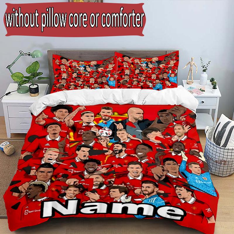 3pcs Duvet Cover Set (1*Duvet Cover + 2*Pillowcase, Without Core), Custom Name Manchester Football F.C Pattern Bedding Set, Home Bedroom Decor Gift