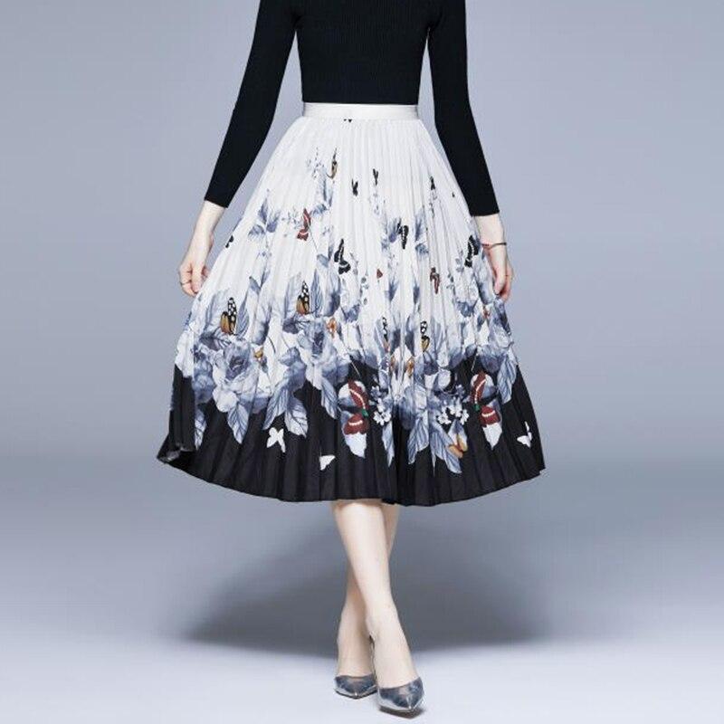 Women Elastic Waist Butterfly Printed Pleated Skirts Elegant Vintage Midi A-line Skirt