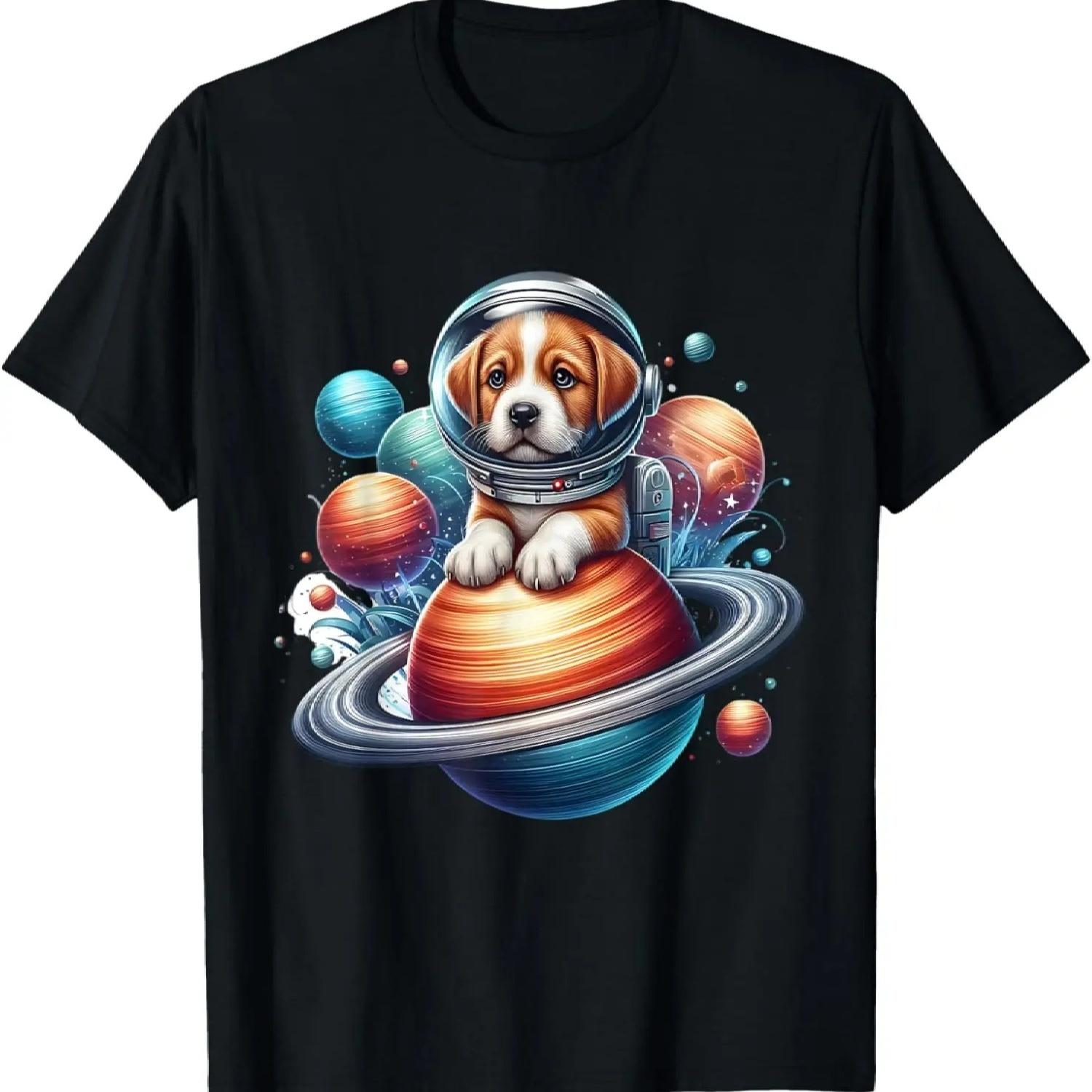 Astronaut Puppy Dog Galaxy Space Planet Graphic T-Shirt S