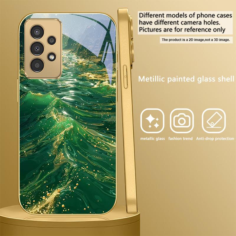 Deep Green Jade Texture For Samsung A36 A35 A34 A33 A32 A31 A26 A25 A23 A22 A21s A73 A72 A71 A42 A56 A13 Golden Glass Phone Case