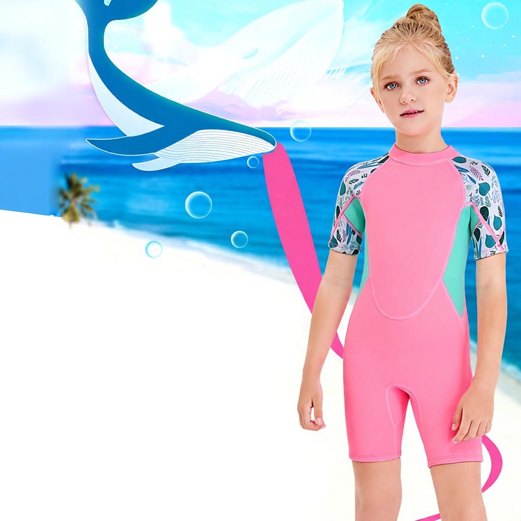 Girls Short Wetsuit One Piece Shorty Diving Swimsuit with Zipper Quick Dry Short Sleeves Surf Suit for Water Sports
