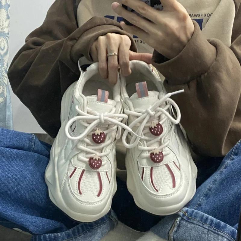 Fashion Kawaii Strawberry Vulcanized Shoes for Women 2025New Platform Korean Fashion Thick Sole Sneakers Zapatillas Mujer Lace Up Tennis