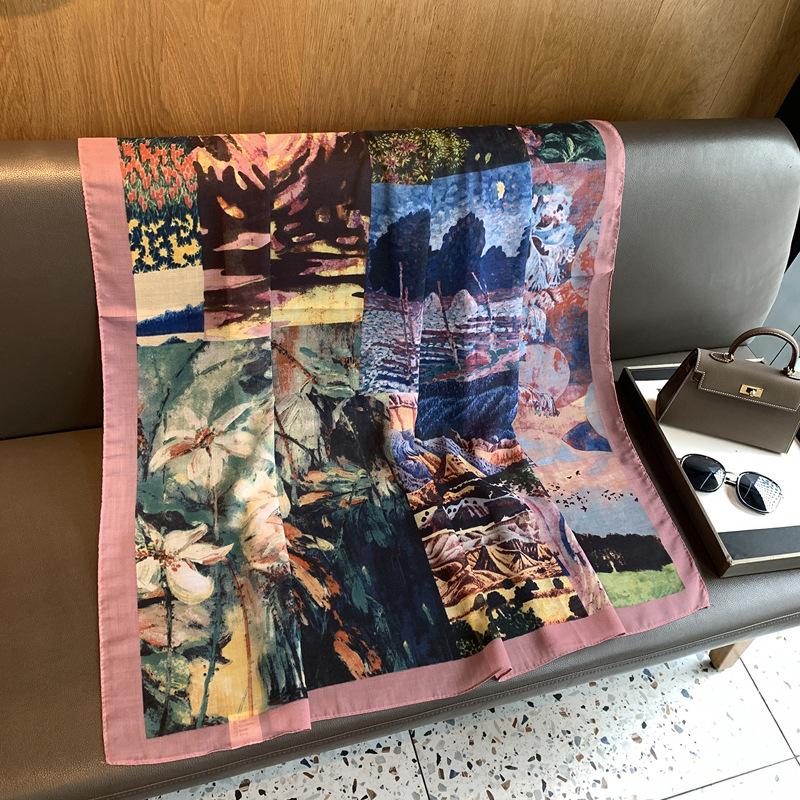 National Style Flower Scarf Shawl Four Seasons Universal Cotton Scarf Silk Scarf Literary Temperament Advanced Shawl External Square Scarf