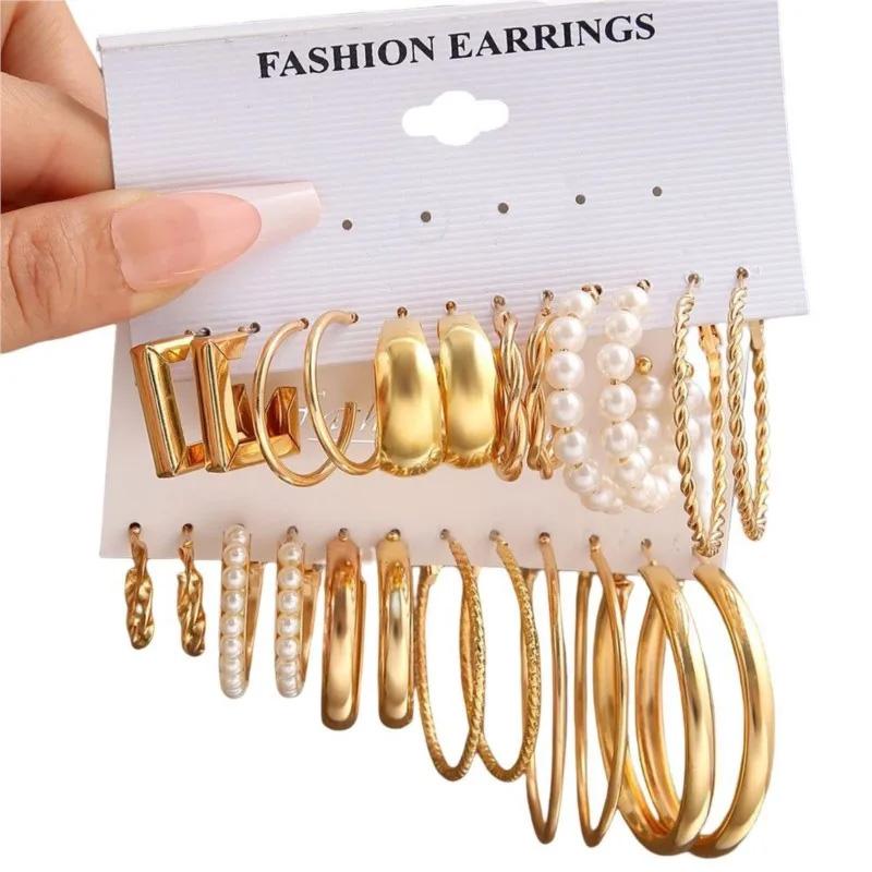 6 Pairs Earrings Golden Geometric Square Grace Ear Hoops Jewelry Sets Imitation Pearl