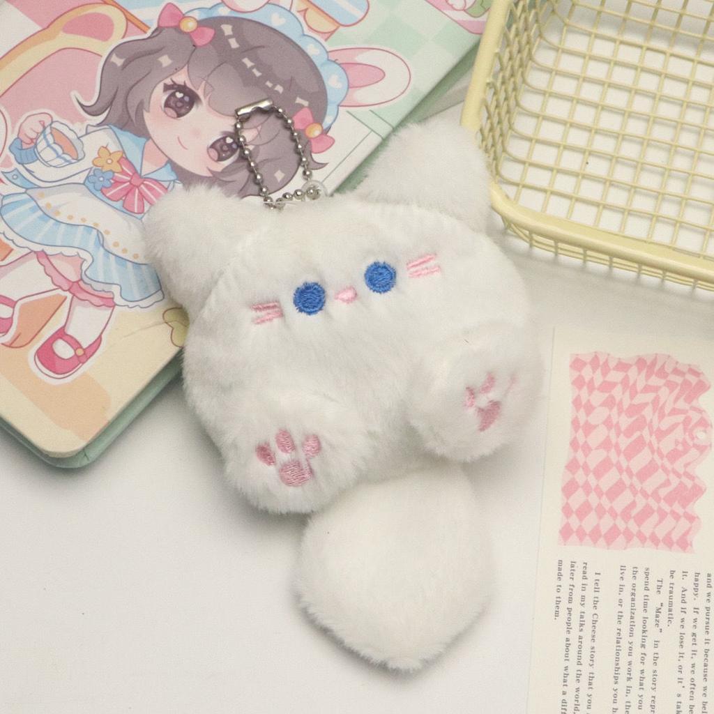 Plush Cat Keychain Soft Stuffed Animal Hanging Accessory for Bags Backpacks and Keys with Embroidered Details and Ball Chain Attachment