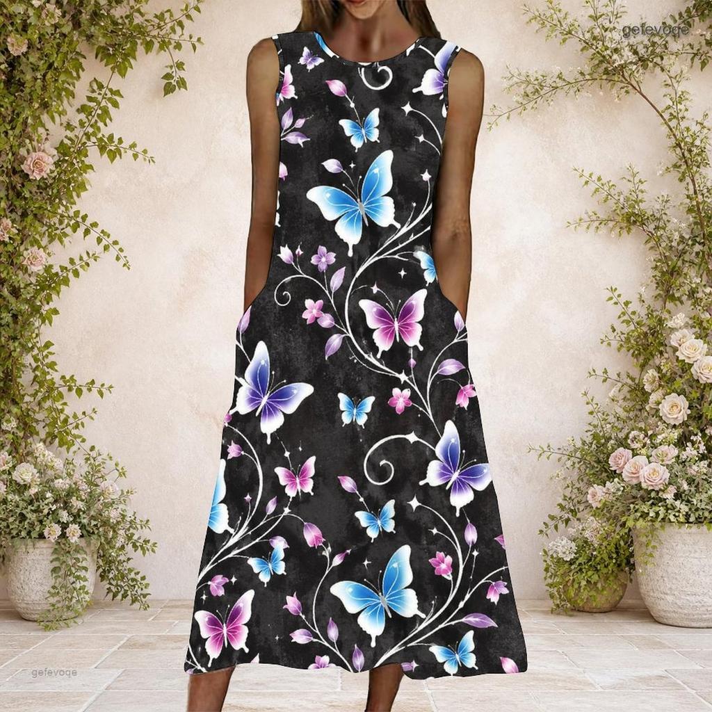 Women Plus Size Round Neck Sleeveless Leopard Pumpkin Printed Orange A Line Dress With Side Pockets