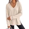 Women S V Neck Loose Long Sleeve Waffle Knit Solid T Shirt