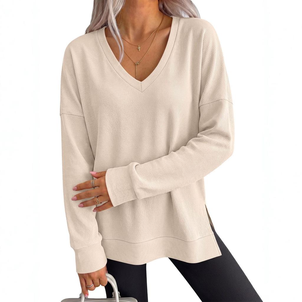 Women S V Neck Loose Long Sleeve Waffle Knit Solid T Shirt