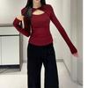 Autumn Winter Women's Ribbed Plush Hollow Out Long Sleeve Base Layer Shirt