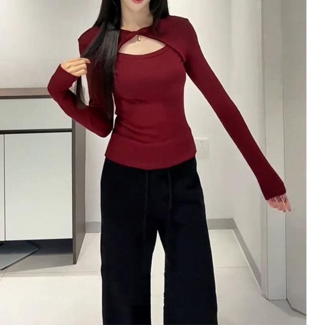 Autumn Winter Women's Ribbed Plush Hollow Out Long Sleeve Base Layer Shirt