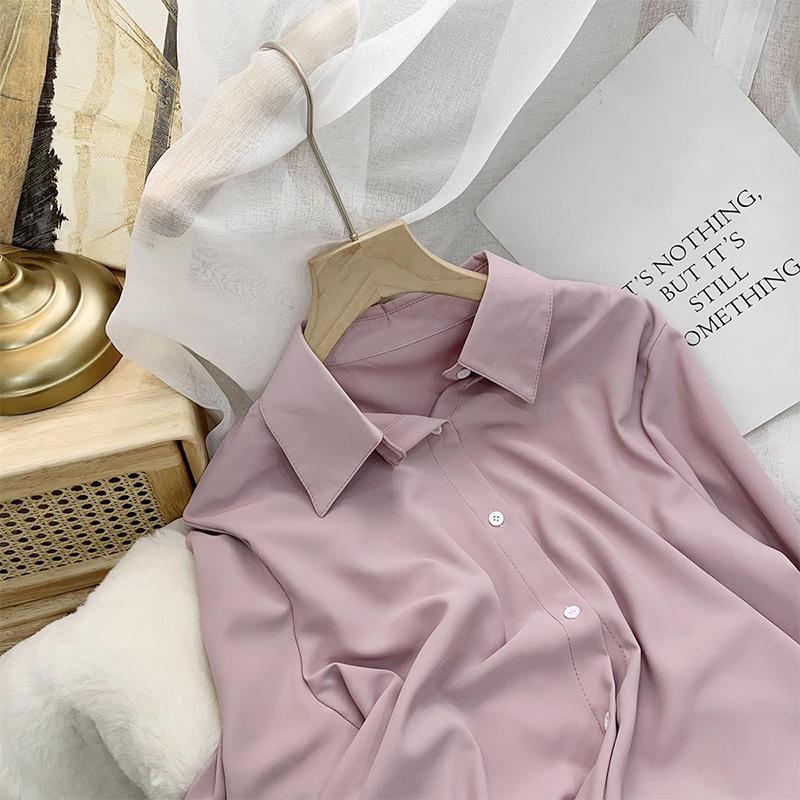 

Chiffon Blouse Women s White Long Sleeve Lapel Tops Spring Korean Shirt Solid Color Loose Shirt Women Plus Size S розовый