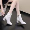 New Foreign-style White Leather Shoes Women's 2025 Short Boots Korean Version Medium Boots High Heels Women's Shoes 5com Thin Velvet Autumn and Win