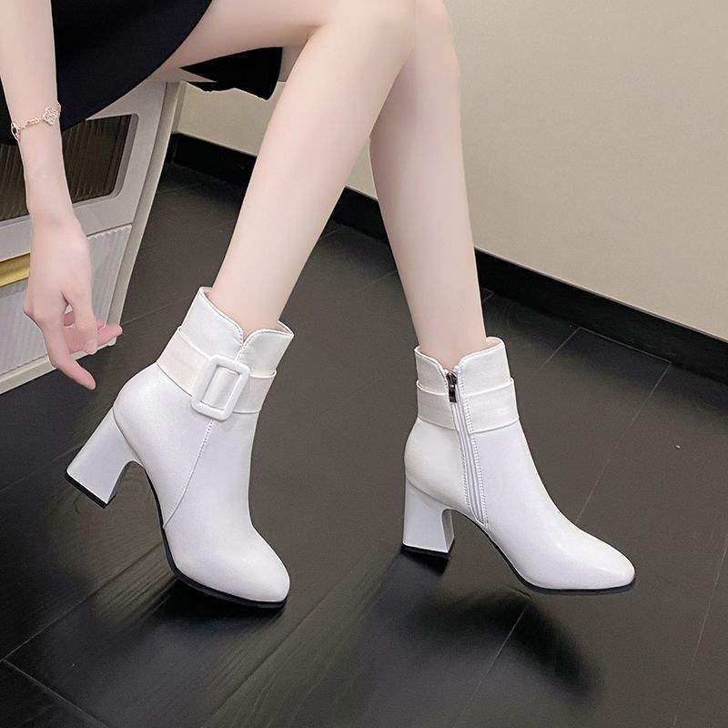 New Foreign-style White Leather Shoes Women's 2025 Short Boots Korean Version Medium Boots High Heels Women's Shoes 5com Thin Velvet Autumn and Win