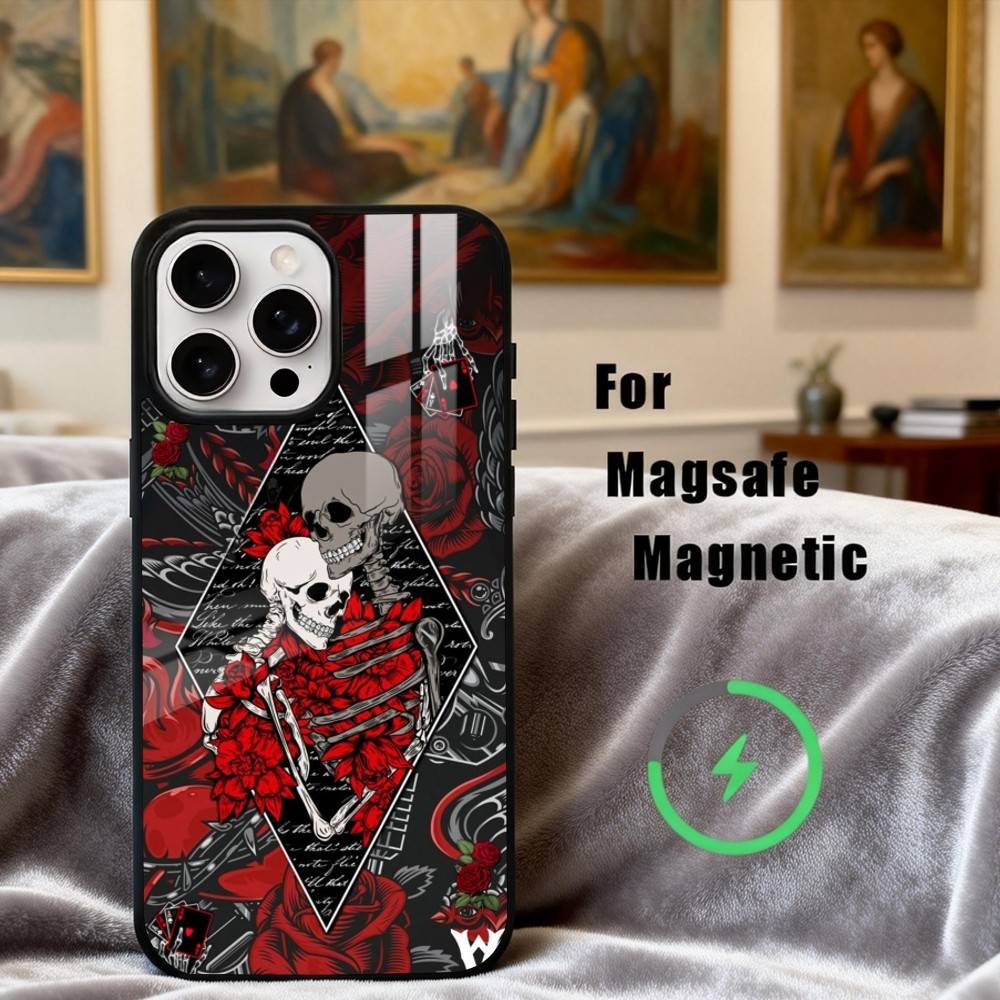 S-Skeleton Q-Queen of Hearts CARD Phone Case For iPhone17,16,15,14,13,12,11 Plus,Pro Max Magnetic For Magsafe Wireless Charging
