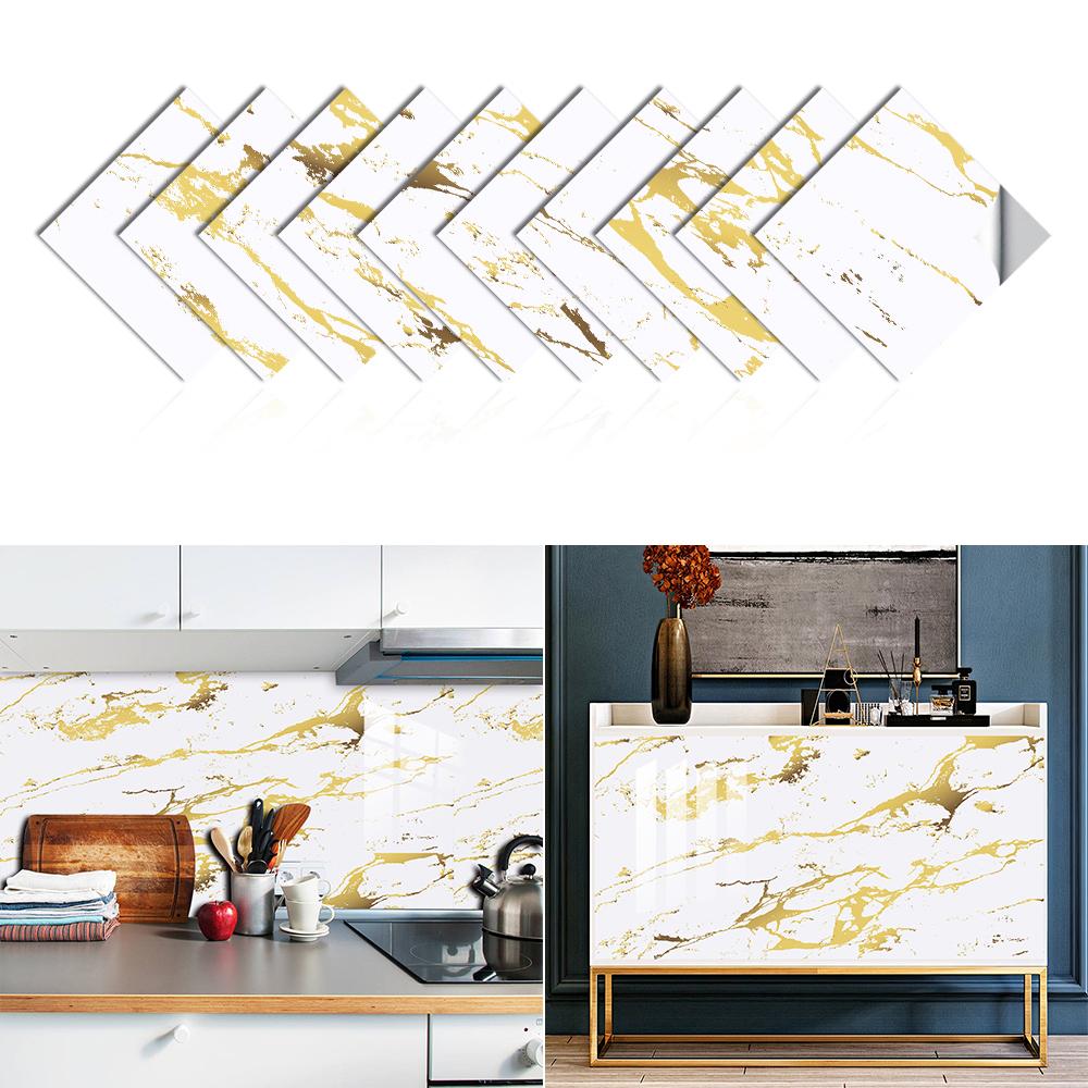 10pcs White and Gold Marble Tile Sticker Kitchen Backsplash Oil-proof Bathroom Home Decor Wall Decals Peel Stick Art Mural